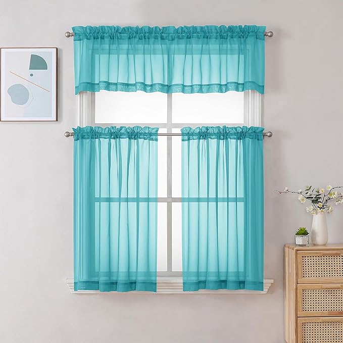 Gwine Turquoise Valances for Windows, Small Light Filtering Rod Pocket Cafe Valance Curtains, Soft Sheer Curtain for Bathroom Laundry Basement, 42Wx14L inch, 2 Pieces