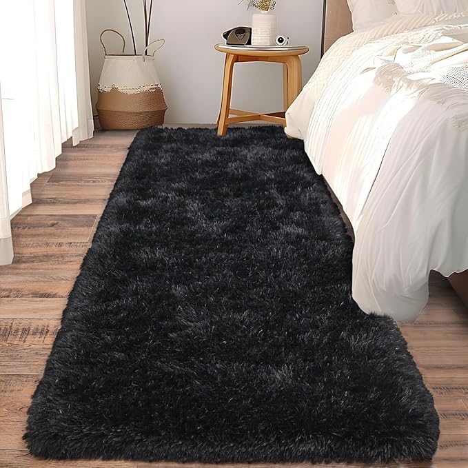 Soft Runner Rugs for Bedroom Hallways, 2x5 Black Fluffy Shag Throw Area Rug Non Slip for Bedside Dorm, Long Shaggy Furry Carpet for Nursery Living Room