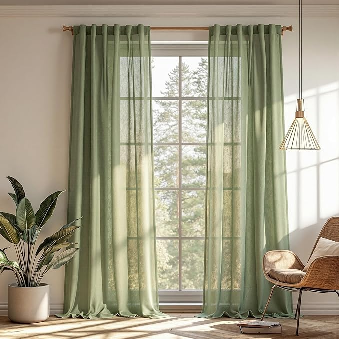 MYSKY HOME 108 Inches Long Sage Green Sheer Curtains for Living Room 2 Panel Sets Light Filtering Window Drapes for Sliding Door Back Tab Draperies Floor to Ceiling Curtains Soft, 50" Wide
