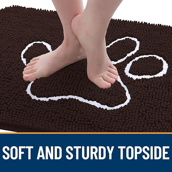 OLANLY Dog Door Mat for Muddy Paws 59x24, Paw Print Design, Absorbs Moisture and Dirt, Absorbent Non-Slip Washable Doormat, Quick Dry Chenille Mud Mat for Dogs, Entry Indoor Entryway Carpet, Brown