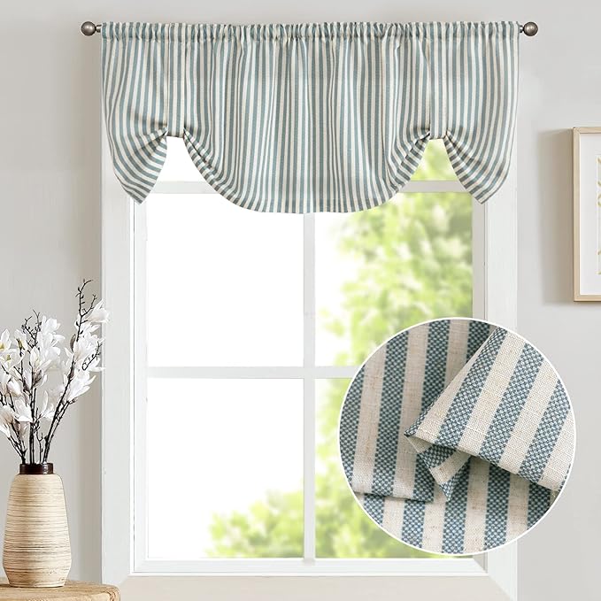 jinchan Tie Up Linen Textured Striped Bow Tie Curtain for Kitchen Bathroom Rod Pocket Pinstripe Valance Window Treatments Ticking Stripe Pull Cord Valance 1 Panel 18 Inch Teal Blue on Linen