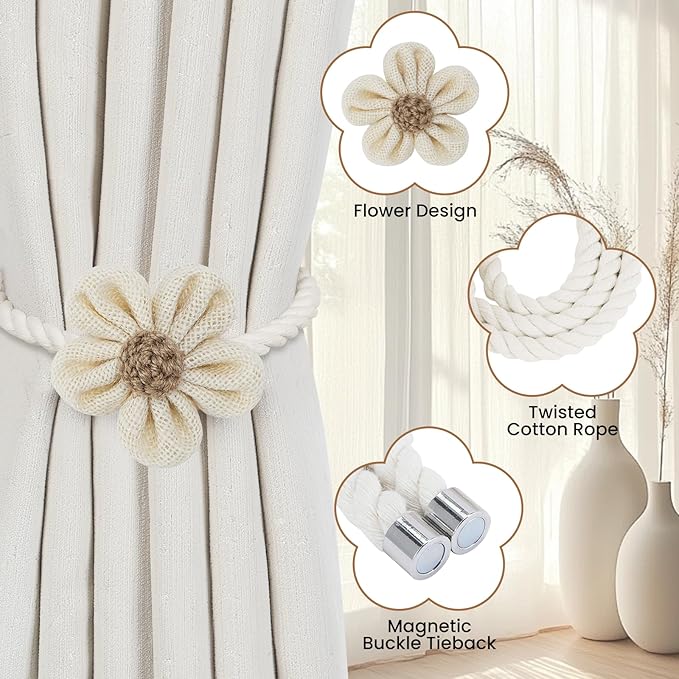 KLOGTSIND Magnetic Curtain Tiebacks, 2 Pack Flower Curtain Holdbacks for Draperies, Elegant Curtain Tie Backs for Boho Bedroom Decor, Toddler Girl Room Decor, Baby Nursery Decor