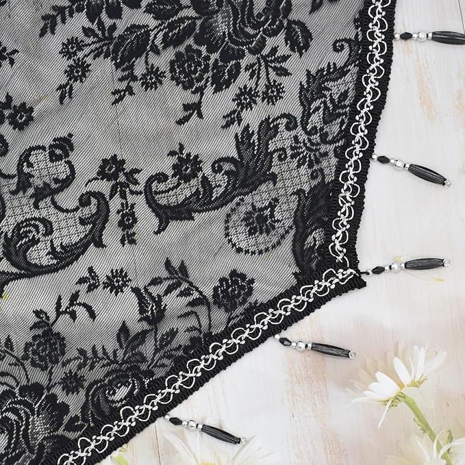 Molaxhome Swag Curtain 51 inch Length Rod Pocket Scalloped Curtain Valance Sheer Lace Panels with Hanging Crystal Beads for Kitchen Bedroom Window Treatments Drape Decor 1pc (Lace Black, 51Wx23L)