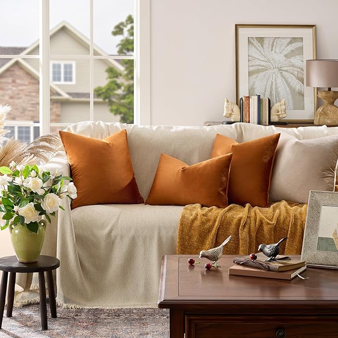 GIGIZAZA Throw Pillow Covers 22x22 Inch Dark Burnt Orange Velvet Pillows Decorative Covers Pack of 2 for Sofa Pillowcase Cushion Covers