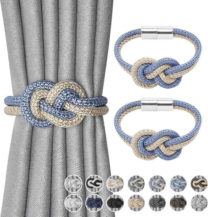 NICEEC 2 Pack Mini Magnetic Curtain Tiebacks Nordic Simple Style Drape Tie Backs Elegant Hand Weave Rope Knot Decorative Curtain Holdbacks for Home & Office Thin Window Drapery (Blue & Beige)