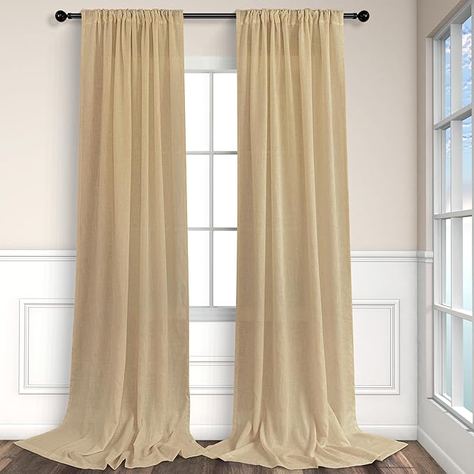 Burlap Color Curtains 84 Inch Length for Living Room 2 Panels Back Tab Pocket Primitive Drapes Flax Linen Country Cotton Light Filtering Sheer Tan Brown Curtains for Bedroom Farmhouse Decor 7 FT Long