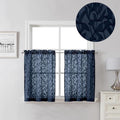 Lecloud Leia Navy Blue Sheer Cafe Curtains 24 Inch Length 2 Pieces, Jacquard Clip Textured Leaf Semi Voile Curtain Valances for Windows, Dual Rod Pockets Living Room/Bedroom/Kitchen Tiers, 38W x 24L