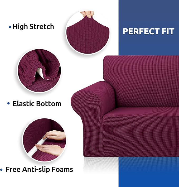 KEKUOU Stretch Oversized Sofa Slipcover 1 Piece Couch Sofa Cover (94"-110") Furniture Protector 4 Seater Sofa with Elastic Bottom for Kids,Pet.Jacquard Checked Pattern Fabric(X Large,Wine)