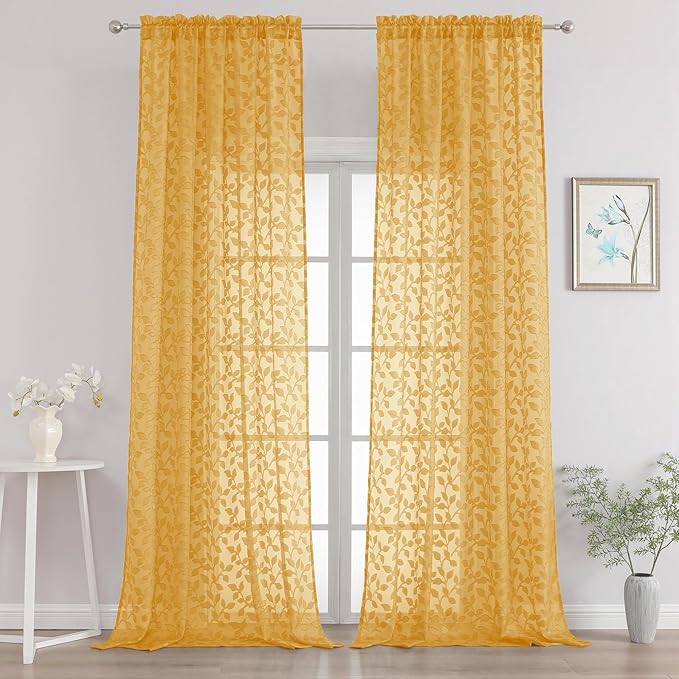 Chyhomenyc Extra Long Gold Sheer Curtains 120 Inch Length 2 Panels Set, Light Filtering Tufted Textured Soft Airy Rod Pocket Gentle Leaf Window Treatment Drapes for Living Room, 52" Wx120 L, 2PCS
