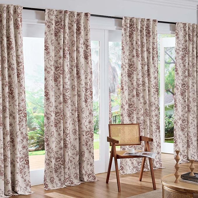 jinchan Blackout Floral Curtains for Living Room Bedroom Linen Blend Curtain Farmhouse Brick Red Printed with Lined Back Tab Rod Pocket Drapes Window Treatments 2 Panels 96 Inch