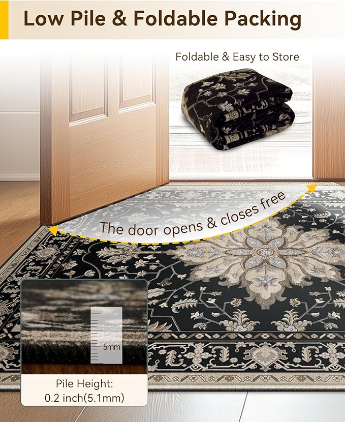 RELEANY Area Rugs 7'x10' Washable Non-Slip, Floral Vintage Distress Print Pattern Medallion Carpet for Living Room Bedroom Dining Room, Black Brown Neutral Dark Tan