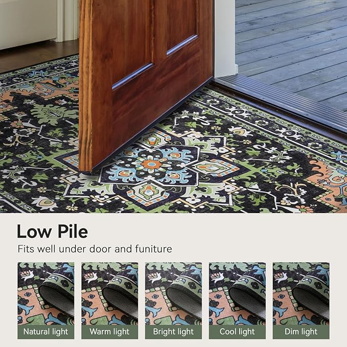 Lofus 6x9 Washable Area Rugs, Large Area Rug for Living Room, Bedroom, Office, Dining Room, Non-Slip Vintage Boho Rug, Low-Pile Soft Carpet, Traditional Oriental Style, Dark Green