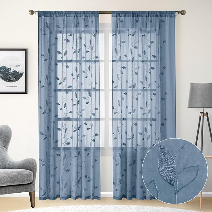 HOMEIDEAS Stone Blue Floral Sheer Curtains 96 Inches Long 2 Panels Embroidered Pattern Semi Sheer Window Curtains for Bedroom Living Room