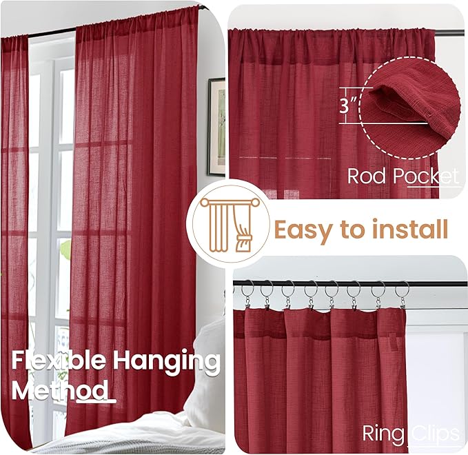 BGment Burgundy Curtains Semi Sheer 48 Inch Length for Windows, Linen Drapes Lightweight Rustic with Rod Pocket for Short Living Room Bedroom Office, 2 Panels Set, Each 42 Inch Wide