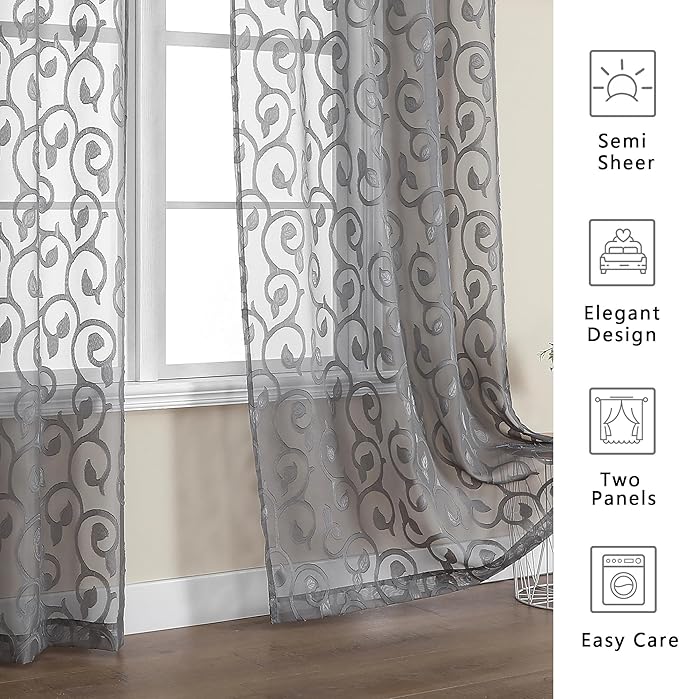 OWENIE Furman Sheer Curtains Tiers 36 inch Length, Lightweight Soft Airy Solid Grey Short Voile Kitchen Curtains for Living Room Bedroom Cafe Basement Farmhouse Small Windows, Each 26Wx36L inch
