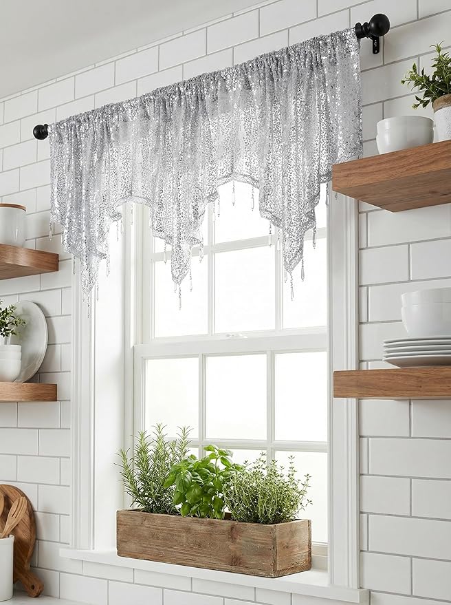 Molaxhome Swag Curtain 51 inch Length Rod Pocket Scalloped Curtain Valance Sheer Lace Panels with Hanging Crystal Beads for Kitchen Bedroom Window Treatments Drape Decor 1pc (Sequin Silver, 51Wx23L)