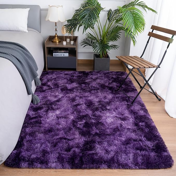 Goideal Fluffy Rug for Bedroom Living Room, 4x6 Purple Area Rugs, Faux Fur Shag Modern Carpet Ultra Soft Girls Boys Room Home Decor, Tie-Dyed