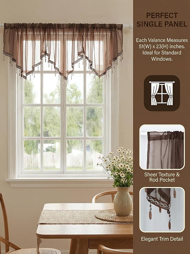 Molaxhome Swag Curtain 51 inch Length Rod Pocket Scalloped Curtain Valance Sheer Lace Panels with Hanging Crystal Beads for Kitchen Bedroom Window Treatments Drape Decor 1pc (Coffee, 51Wx23L)