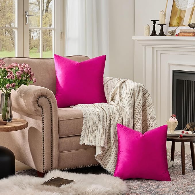 GIGIZAZA 18x18 Pillow Covers Set of 2 Velvet Throw Pillows Decorative Hot Pink Covers for Couch Sofa Bedroom Pillowscase