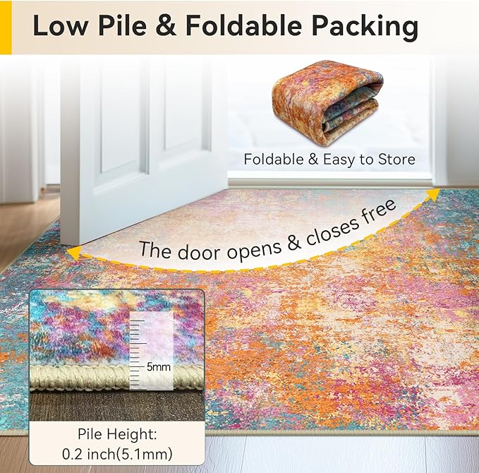 Washable Area Rugs Square 8ft Non-Slip Modern Abstract Soft for Living Room Entryway Bedroom Nursery, Print Pattern, Orange Blue Pink Yellow Colorful