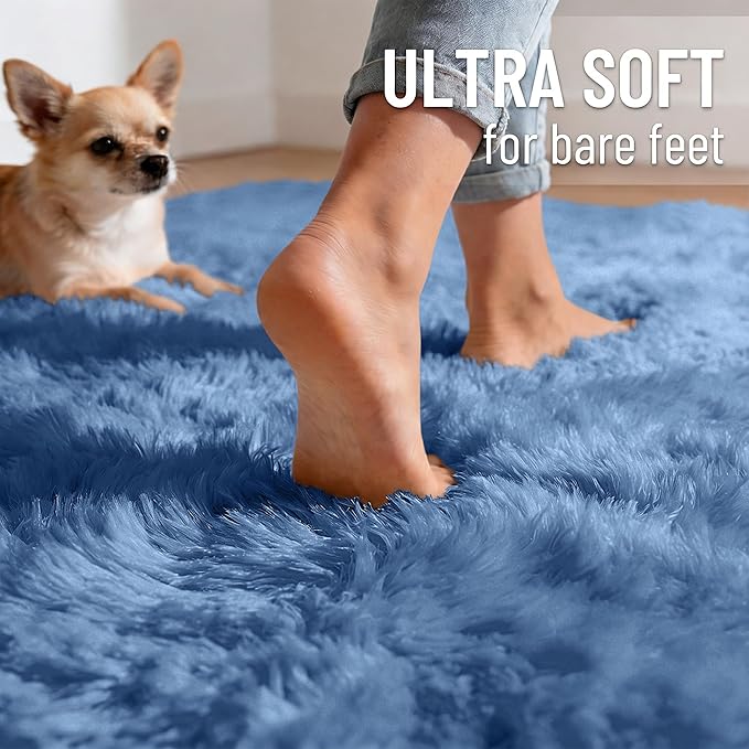 OLANLY Blue Round Rugs for Bedroom - Machine Washable, 9 ft Circle Area Rugs for Living Room, Soft and Fluffy Shaggy Carpet for Teen Girl and Boys, Nursery Rooms, Dorms, Home Decor Aesthetic