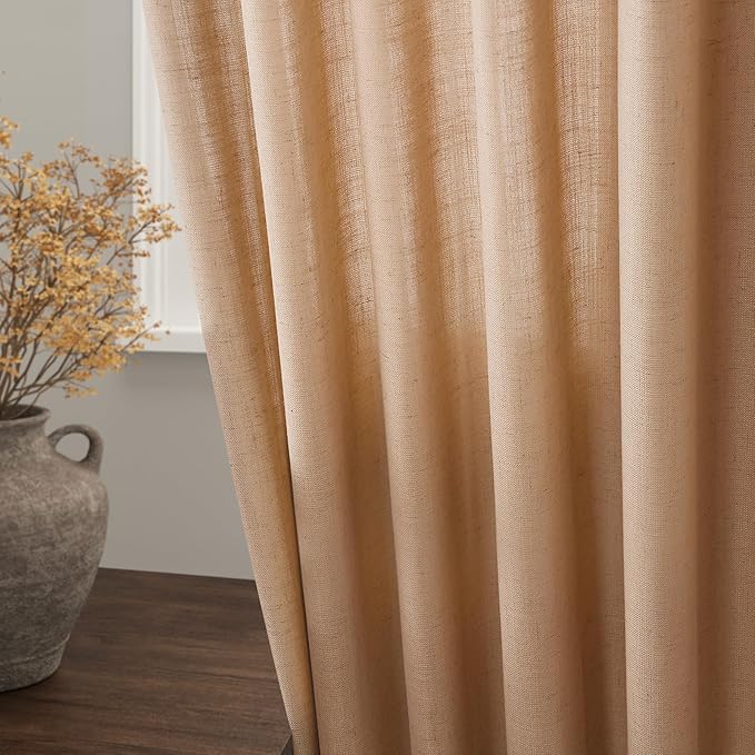 Camel Linen Curtains 84 Inches Long for Bedroom Back Tab Light Filtering Privacy Semi Sheer Drapes Modern Farmhouse Decor Camel Cotton Elegant for Living Room Curtain 2 Panels Set 52x84 Inch