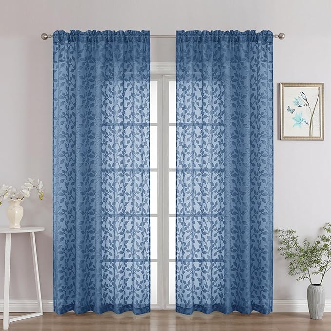 Chyhomenyc Dusty Blue Sheer Curtains 84 Inch Length 2 Panels Set, Light Filtering Tufted Textured Soft Airy Rod Pocket Gentle Leaf Window Treatment Drapes for Bedroom Living Room, 52" Wx84 L, 2PCS