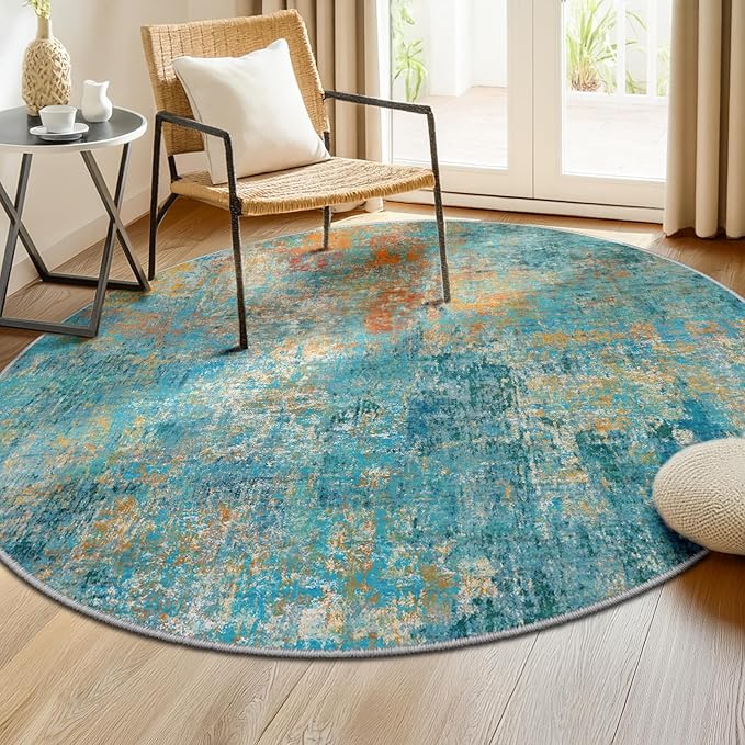 Washable Area Rugs 6ft Non-Slip Modern Abstract Soft for Living Room Entryway Bedroom Nursery, Print Pattern, Teal Blue Green Orange Rust Red Coloreful