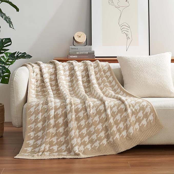 Snuggle Sac Throw Blanket for Couch, Reversible Super Soft Warm Blankets Cozy Knit Fuzzy Plush Lightweight Throws for Sofa, Bed, Camping,Houndstooth Beige,50x60 inches