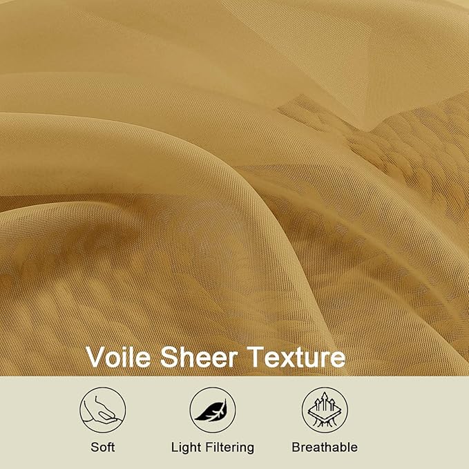 Gold Sheer Curtain for Bedroom Living Room 72 Inches Long 2 Panels Set, Solid Soft Airy Light Filtering Sheer Window Curtains, Modern Rod Pocket Door Curtain, Gold, 42" Wx72 L Inches