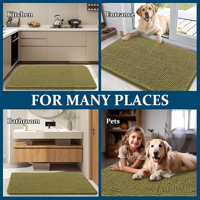 OLANLY Dog Door Mat for Muddy Paws 70x32, Absorbs Moisture and Dirt, Absorbent Non-Slip Washable Doormat, Quick Dry Chenille Mud Mat, Entry Indoor Entryway Carpet for Inside Floor, Willow Green