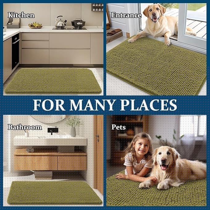 OLANLY Dog Door Mat for Muddy Paws 47x20, Absorbs Moisture and Dirt, Absorbent Non-Slip Washable Doormat, Quick Dry Chenille Mud Mat, Entry Indoor Entryway Carpet for Inside Floor, Willow Green