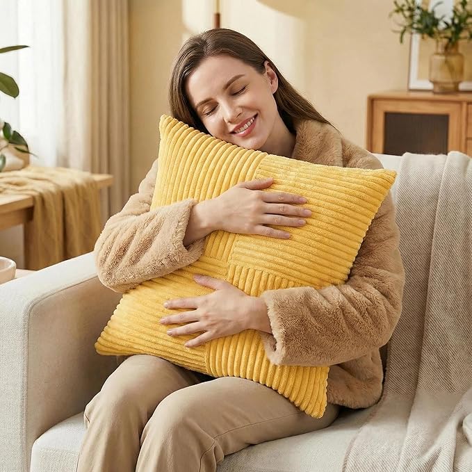 Fancy Homi 2 Packs Yellow Decorative Throw Pillow Covers 22x22 Inch for Living Room Couch Bed Sofa, Rustic Farmhouse Boho Home Decor, Soft Corss Corduroy Patchwork Accent Square Cushion Case 55x55 cm