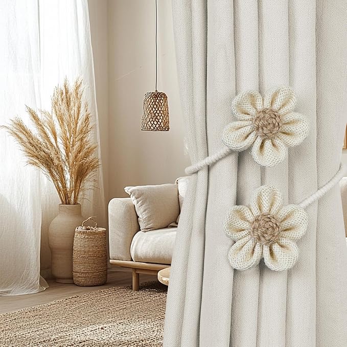 KLOGTSIND Flower Curtain Tiebacks, 6 Pack Curtain Ties Elegant DIY Curtain Holdbacks, Decorative Window Drape Twist Tie Backs for Boho Bedroom Decor, Nursery Decor, Farmhouse Decor