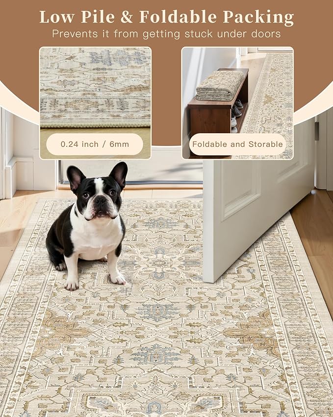 Madane Hallway Runner Rug 2'6''x16' Kitchen Runner - Non Slip Vintage Runners for Hallways Washable Kitchen Rugs Soft Low Pile 2.5x16 ft Rug Runners for Laundry Room, Entryway and Bedroom, Beige/Blue
