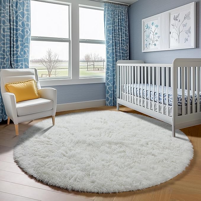 ONASAR Cream White Round Rugs 5ft for Bedroom Living Room, Ivory Fluffy Circle Area Rug for Kids Girls Boys Teen, Soft Plush Shaggy Carpet for Nursery Dorm Classroom Playroom Home Decor Aesthetic