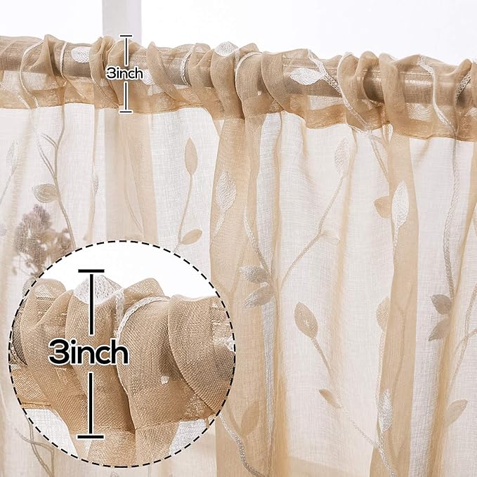 AmHoo 2 Panels Embroidered Leaf Pattern Semi Sheer Curtains Foliage Floral Voile Window Draperies Treatment for Bedroom Living Room Rod Pocket Beige 53 x 63 Inch