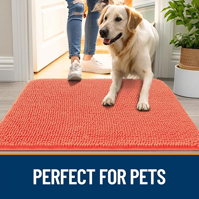 OLANLY Dog Door Mat for Muddy Paws 50x30, Absorbs Moisture and Dirt, Absorbent Non-Slip Washable Doormat, Quick Dry Chenille Mud Mat for Dogs, Entry Indoor Entryway Carpet for Inside Floor, Coral