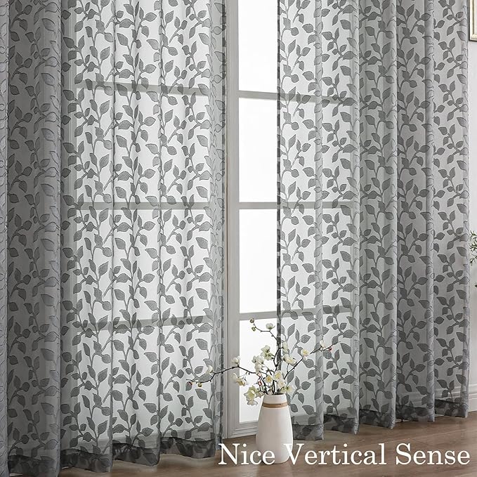 Chyhomenyc Charcoal Grey Sheer Curtains 84 Inch Length 2 Panels Set, Light Filtering Tufted Textured Soft Airy Rod Pocket Gentle Leaf Window Treatment Drapes for Bedroom Living Room, 52" Wx84 L, 2PCS