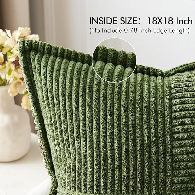 MIULEE Spring Decorative Throw Pillow Covers for Couch Bed Livingroom 18x18 Inch Set of 2 Moss Green Boho Accent Throw Pllows Broadside Striped Patchwork Soft Corduroy Summer Pillowcases