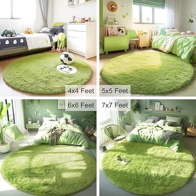 OLANLY Grass Green Round Rugs for Bedroom - Machine Washable, 5 ft Circle Area Rugs for Living Room, Soft and Fluffy Shaggy Carpet for Teen Girls and Boys, Nursery Rooms, Dorms, Home Decor Aesthetic