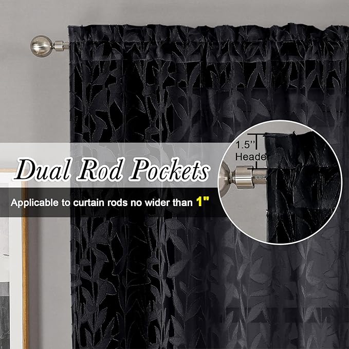 Lecloud Leia Black Sheer Curtains 90 Inches Long 2 Panels, Breathable Jacquard Texture Leaves Voile Curtains for Windows, Farmhouse Window Drapes with Dual Rod Pocket, 38 W x 90 L