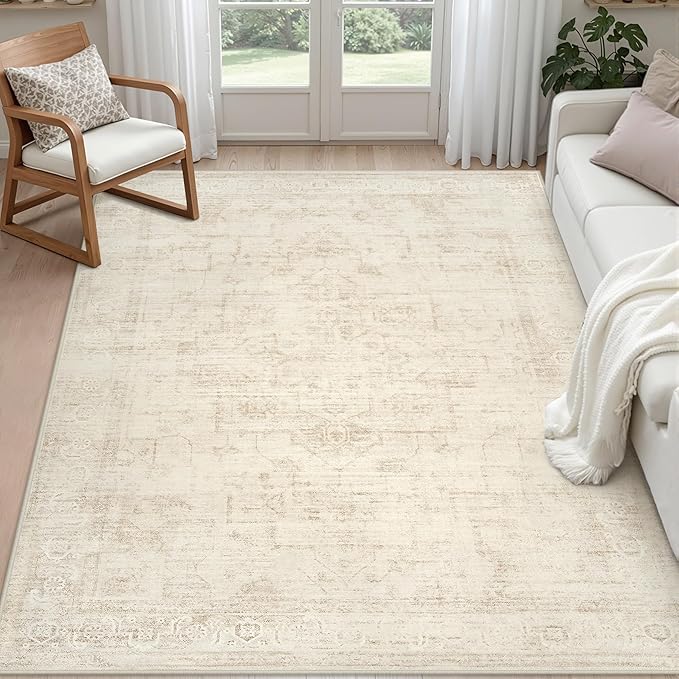 5x7 Area Rugs for Living Room: Vintage Boho Neutral Washable Rug Indoor Soft Large Area Rug Carpet for Bedroom Nursery Farmhouse Dining Room Office Floor Non-Slip Low Pile Under Table Rug Dark Beige
