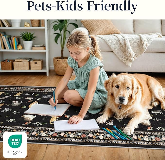 2x12 Washable Hallway Runner Rug - Soft Low Pile Floral Animal Cat Print Rugs with Non-Slip Backing Waterproof Stain-Resistant Indoor Carpet for Kitchen Entryway Bathroom Bedroom (Black)