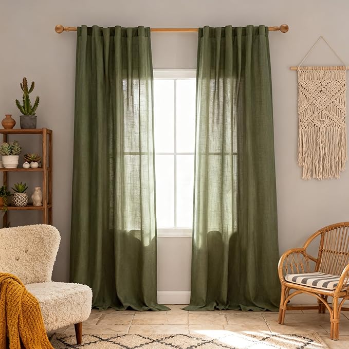MYSKY HOME 96 Inches Semi Sheer Sliding Door Curtains Farmhouse Light Filtering Window Curtain Drapes for Patio Living Room, Extra Long Green Linen Curtains Bohemian, 50x96, Olive Green, 2 Panels