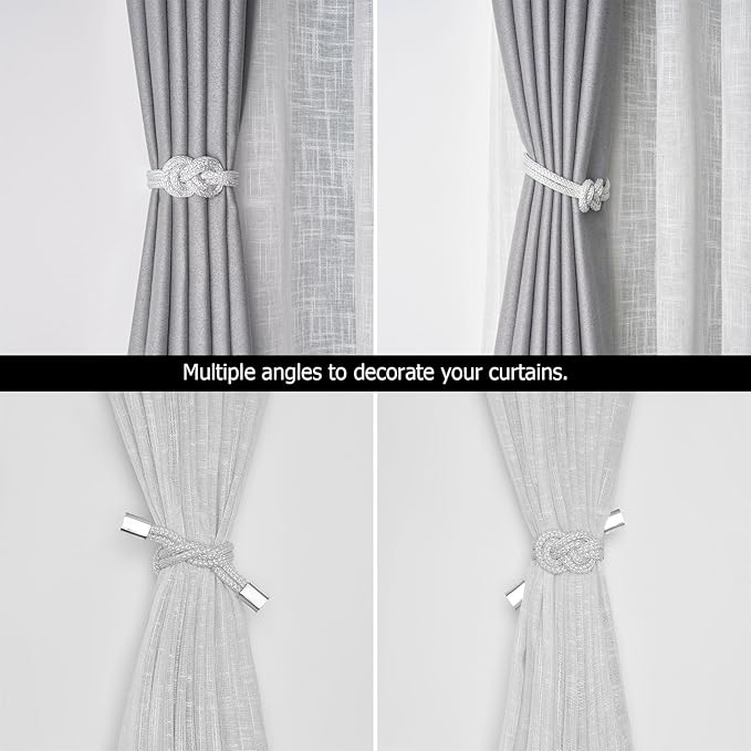NICEEC 4 Pack Mini Magnetic Curtain Tiebacks Nordic Simple Style Drape Tie Backs Elegant Hand Weave Rope Knot Decorative Curtain Holdbacks for Home & Office Thin Window Drapery (White)