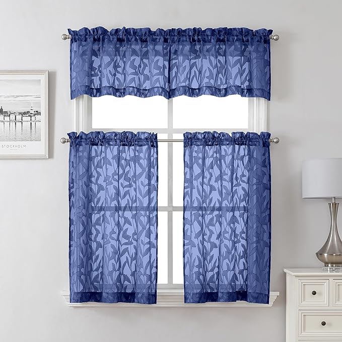 Lecloud Leia Dusty Blue Sheer Kitchen Curtains 24 Inch Length 2 Pcs, Jacquard Textured Leaf Voile Short Curtains with Dual Rod Pocket, Farmhouse Bedroom Living Room Tiers, 40 W x 24 L
