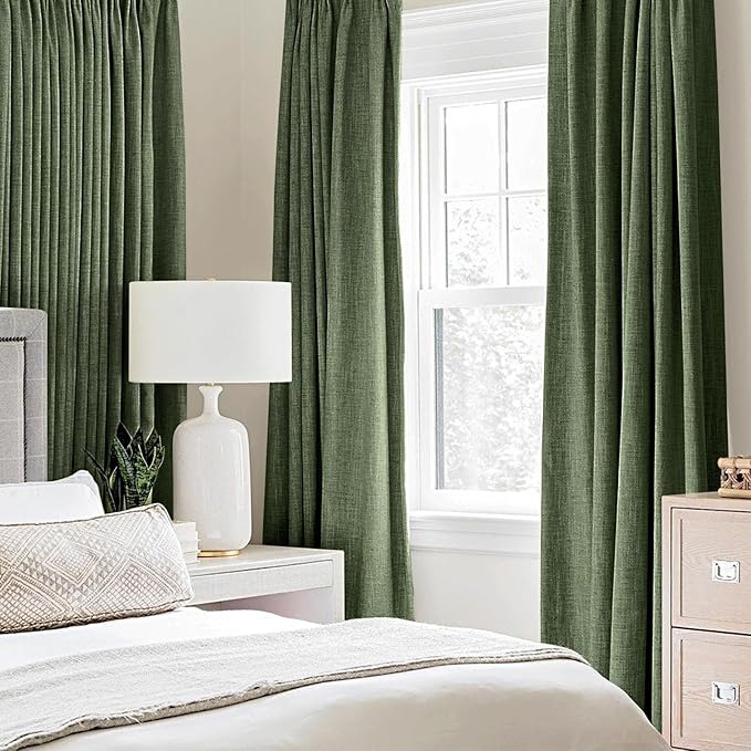 MIULEE 100% Blackout Linen Textured Curtains for Bedroom Solid Thermal Insulated Olive Green Grommet Room Darkening Curtains & Drapes Luxury Decor for Living Room Nursery 52 x 108 Inch (2 Panels)
