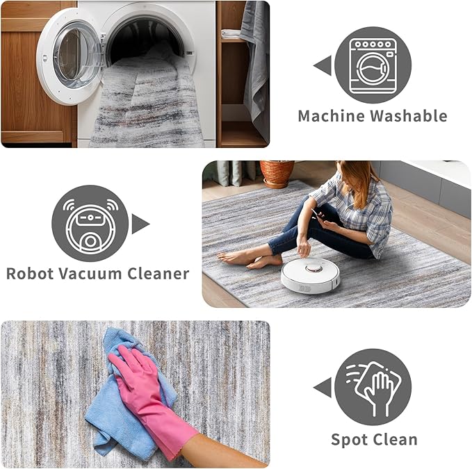 2x10 Washable Runner Rugs for Hallway: Easy-to-Clean Abstract Runners for Entryway Kitchen Dining Room- Stain and Water Resistant Rugs with Non-Slip Backing - Soft Low-Pile Carpet Beige Grey