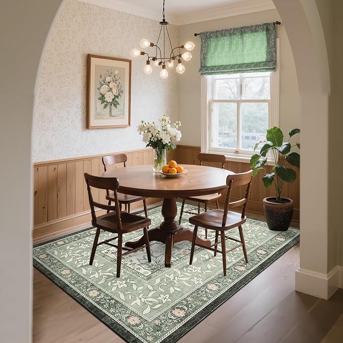 GarveeHome Provence Sage Green Area Rugs 10x13 Living Room, Botanical Grove Sage Green Cottagecore Washable Non-Slip Rug for Bedroom Dining Nursery Low-Pile Vintage Large Soft Carpet